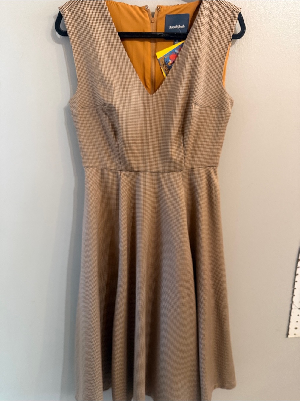 Modcloth Tan Houndstooth V-Neck Midi Dress